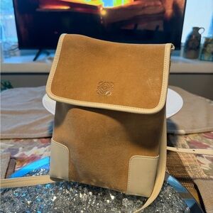 💯Loewe Tan and Cream Suede Crossbody Bag